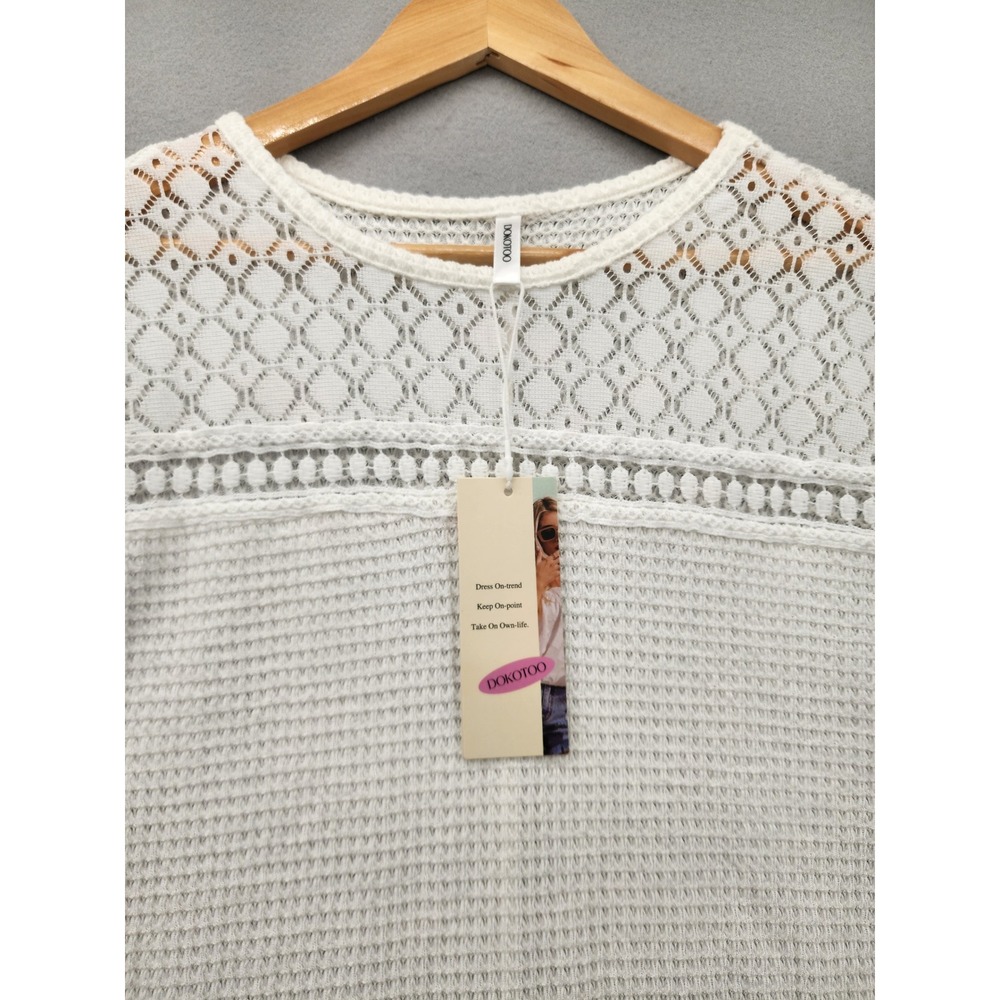 Dokotoo White Crochet Lace Waffle Knit Top Medium Short Sleeve Boho Blouse New - Picture 4 of 11
